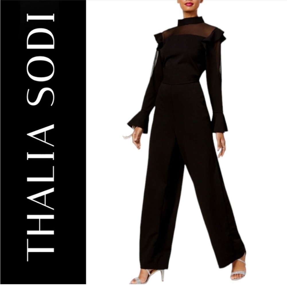 THALIA SODI black ruffled mesh jumpsuit